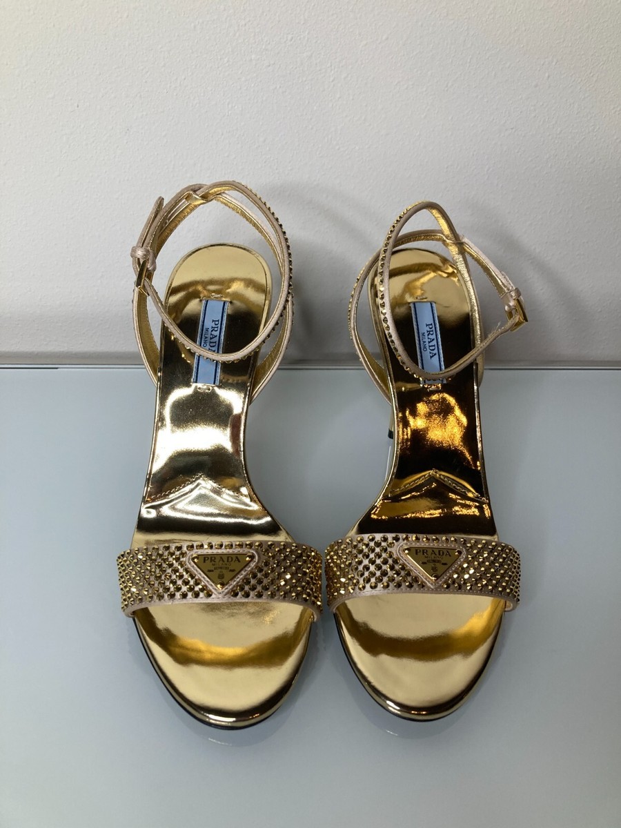 NIB PRADA Calzature Donna Crystal Embellished Satin Gold NIB PRADA Calzature Donna Crystal Embellished Satin Gold