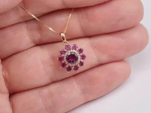 Anhänger 2 kt Rundschliff Rosa Rubin Laborgefertigt Blume 14 K Gelbgold vergoldet - Bild 4 von 5