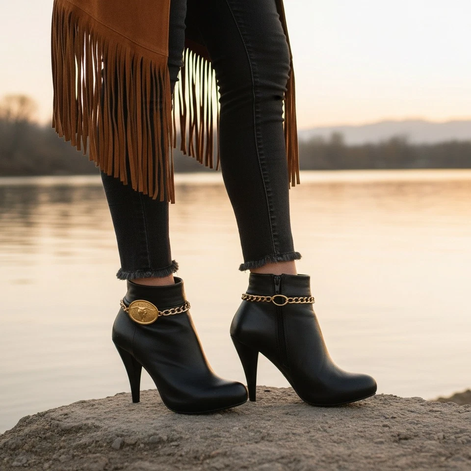 NUEVO Mujeres 2 PIEZAS Metal Dorado Bota Occidental Cadena Zapato Tobillera Cuerno Largo Bull Charm TX Foto 2 de 4