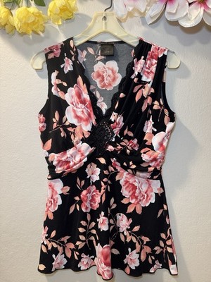 j.i.b. Floral Sleeveless V Neck Blouse Lace Ruched Black Pink Peach 