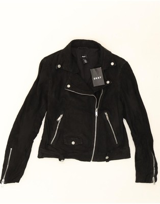 DKNY Damen Leder Biker Jacke UK 10 Small Schwarz Leder N210