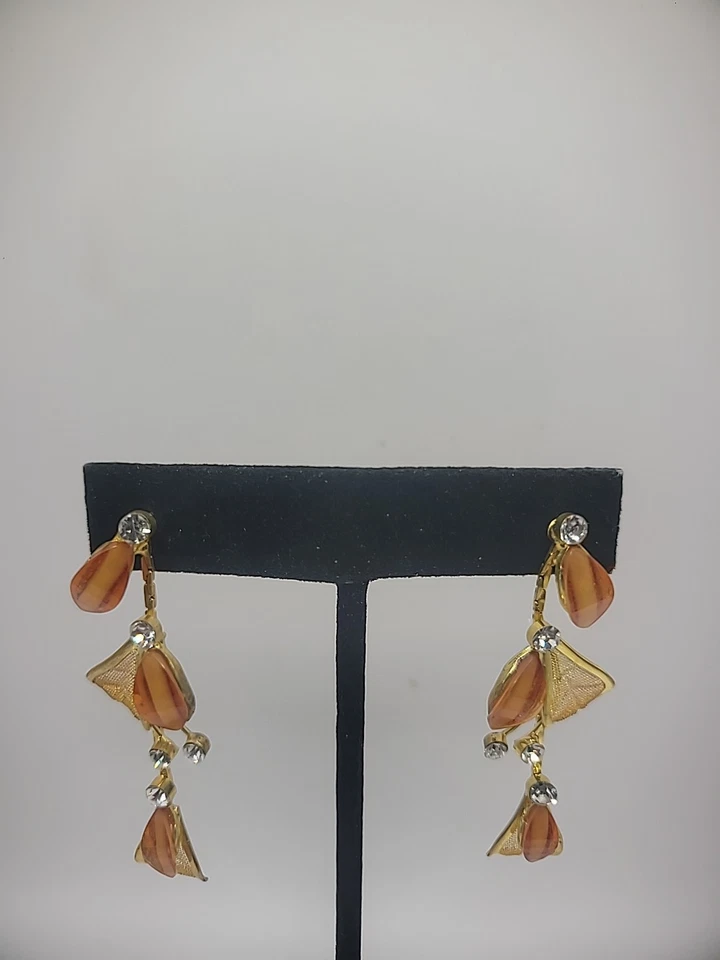 Pendientes Vintage Perforados Amarillo Naranja Malla Cristales Blancos Joyería Disfraz Foto 4 de 4