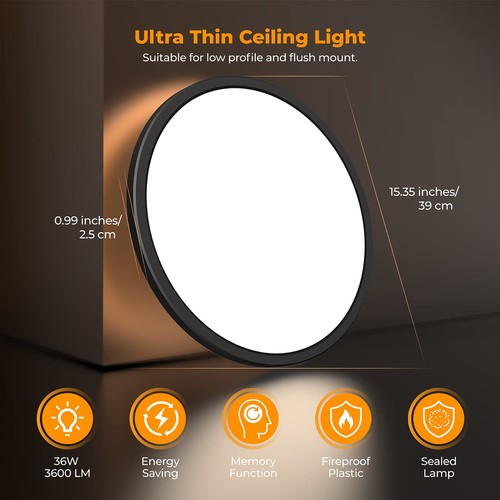 LED Flush Mount Ceiling Light Fixture with Remote Control, 15.4 Inch 36W 3000... - Picture 4 of 7