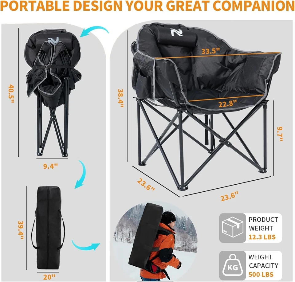 H&ZT Heated Camping Chair, Padded Heated Fishing Chairs Lawn Chair Patio Lounge - Image 2 of 4