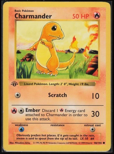 Pokemon TCG Charmander #046/102 Base Set (Shadowless) 1st Edition