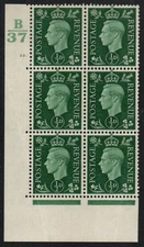 GB KGVI 1937 SG462 Cyl Block of 6 Control B37 cyl 22 dot U/M MNH (TT511)