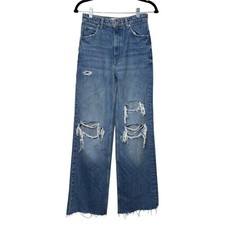 Zara Blue Distressed High Rise Wide Leg Jeans Size 4 Baggy 90s Streetwear Denim