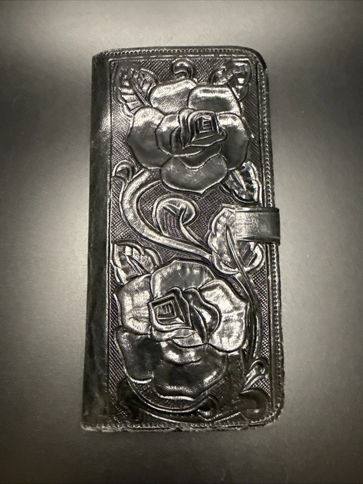 Cartera Matador Azteca Flores Vintage Cuero Negro Repujado México Dama’s Foto 2 de 4