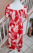 ANN TAYLOR Red Pink Floral Smocked Square Neck Puff Sleeve Boho Dress Sz LP L