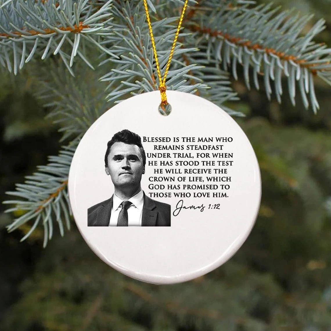 Charlie Kirk Memorial Ornament – James 1:12 Bible Verse Tribute Ceramic Keepsake