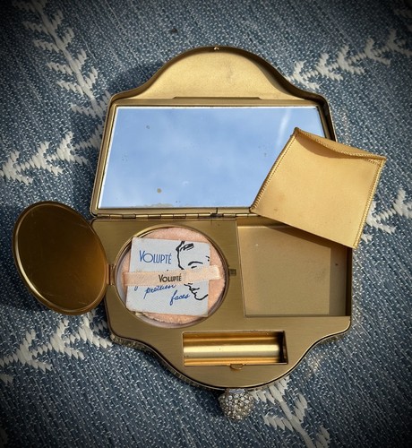 Vintage Volupte Gold-Tone Metal Makeup Compact Clutch w/ Gemstone Topper 