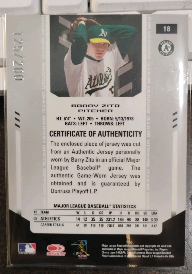 2004 Leaf Certified Materials Mirror Fabric White #18 Barry Zito /200 OaklandA's - Image 2 of 2