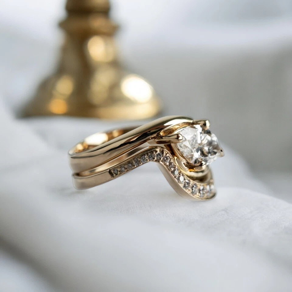 Juego de anillos de diamantes Marqués cultivado en laboratorio de 1,4 quilates certificado IGI oro amarillo de 14 k Foto 3 de 4