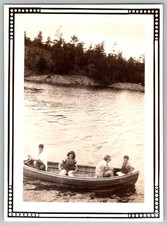 Vtg B&W Snapshot Group Boating On Lake In Rowboat Scenic Woods Outdoors 1940s