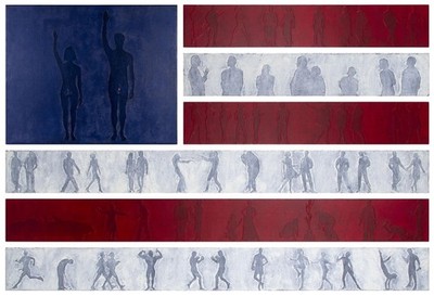 JAMIE BRUNSON AMERICAN FLAG 1992 SIGNED OIL + ALKYD COLLAGE ON CANVAS OVER PANEL