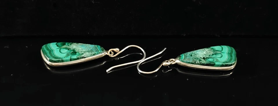 925 Sterling Silver Natural Malachite Gemstone Dangling Earrings Stamped 925 - Image 3 of 4