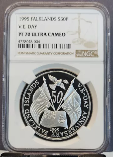 1995 FALKLAND ISLANDS SILVER 50 PENCE S50P VE DAY ANNIV NGC PF 70 ULTRA CAMEO