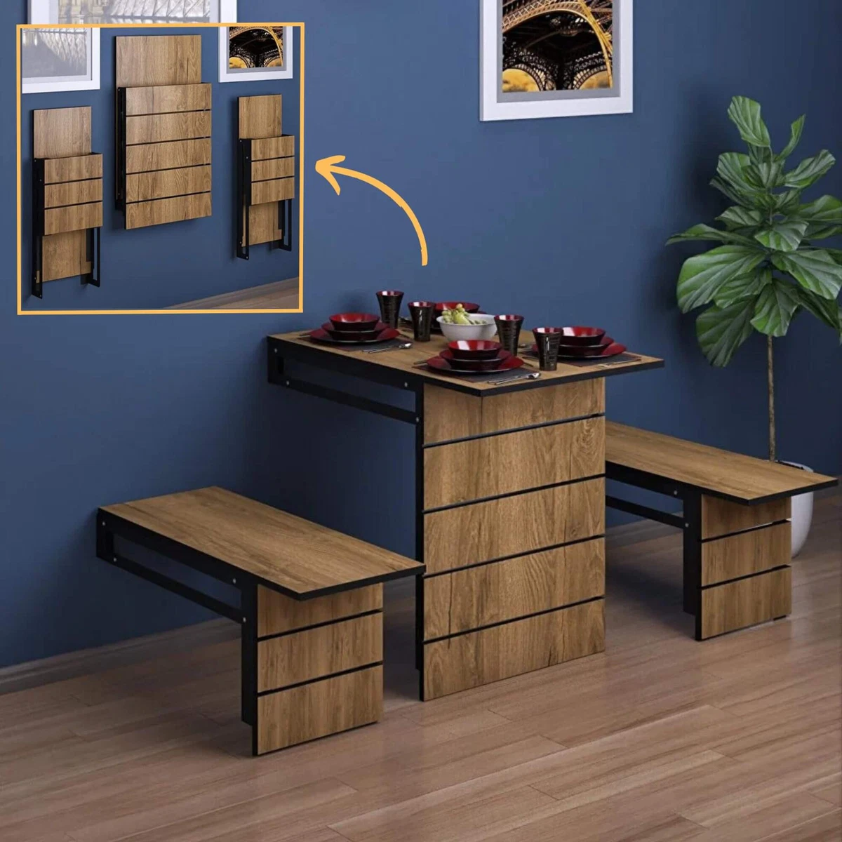 Folding Table & Benches Wall Mounted Space Saving Foldable