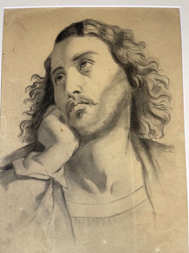Large Drawing Original 1874 Portrait Signed? Apostle? Jesus Christ? France - Picture 4 of 9