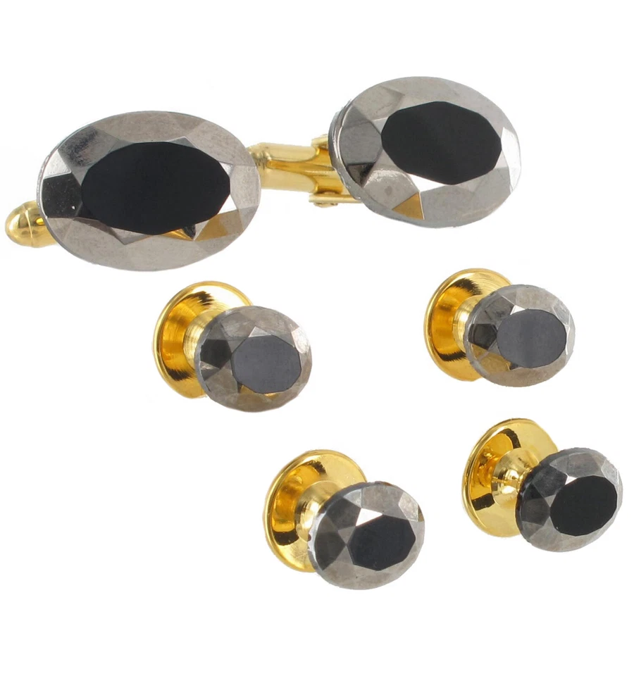 Conjunto de esmoquin dorado para hombre gemelos camisa tachuelas hematita facetada palanca atrás Foto 4 de 4