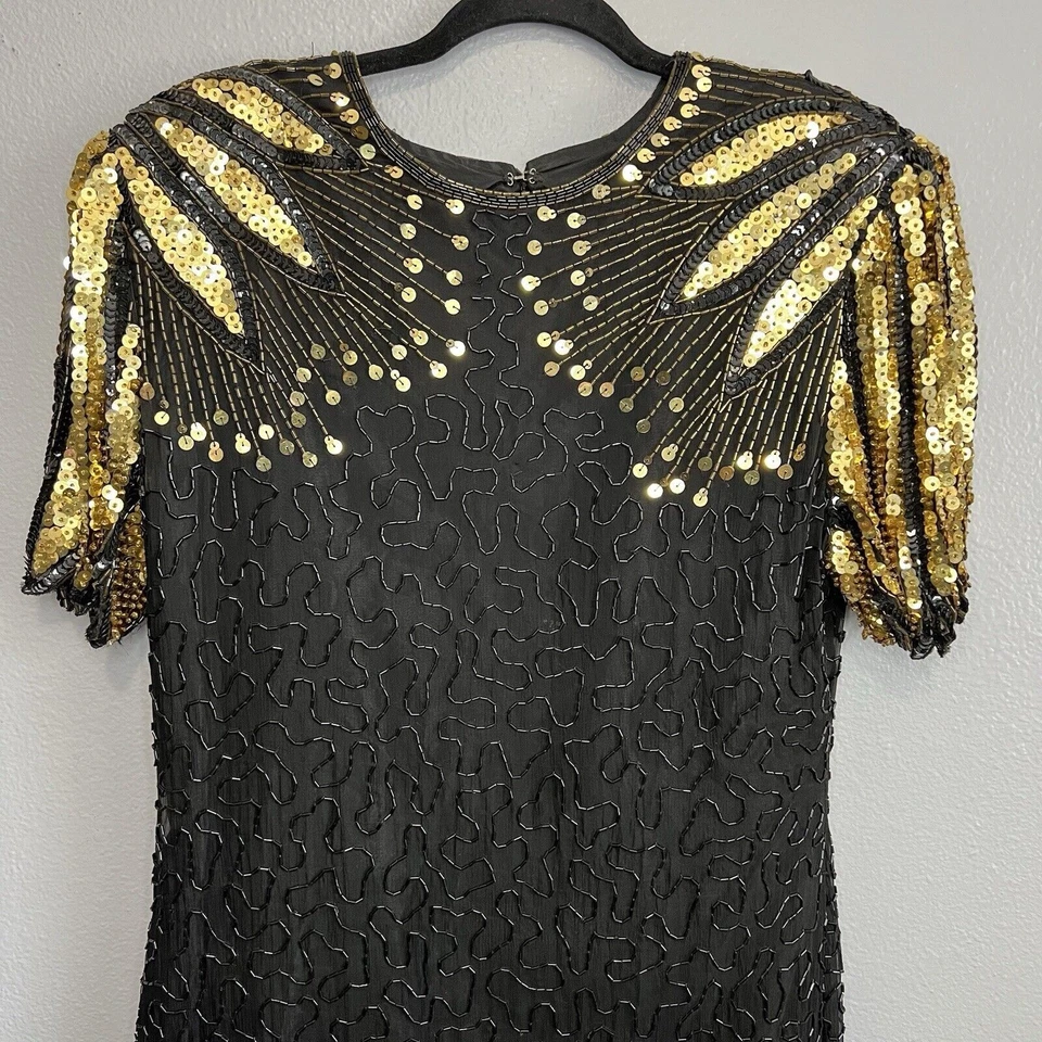 Vestido de cóctel vintage SCALA para mujer con cuentas L seda negro y dorado lentejuelas midi Foto 2 de 4