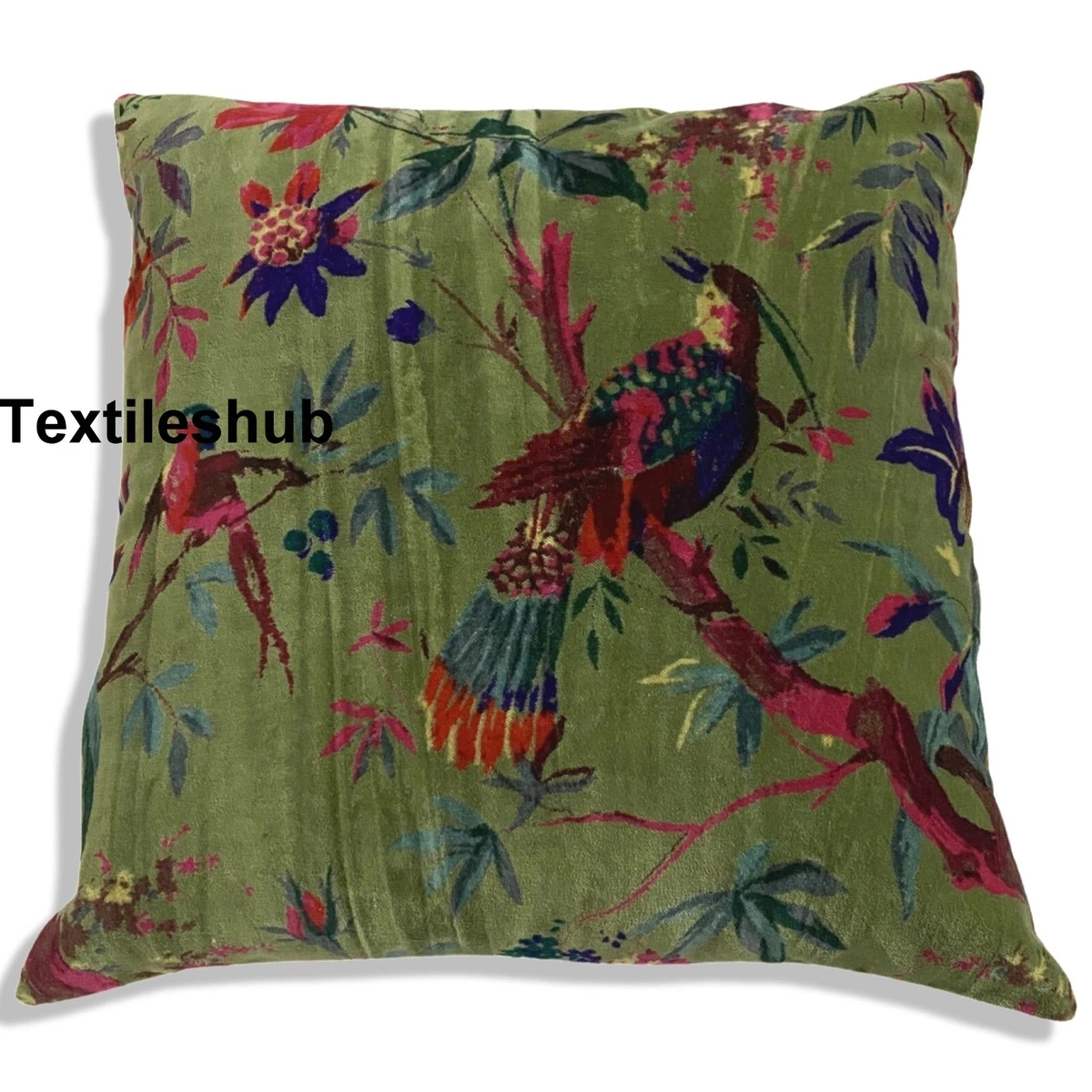 Housse De Coussin Carré Beige Coton – Motif Oiseaux Rouges Bordeaux – Déco Nature