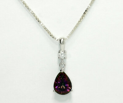 Sterling Silver Mystic Quartz Round CZ Pendant Box Chain Necklace 925