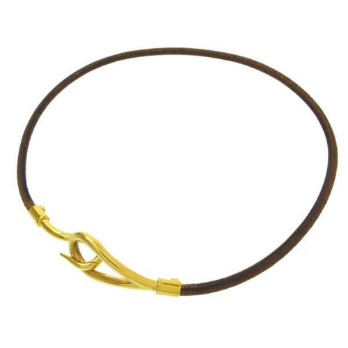 HERMES Choker Necklace Leather Brown 
