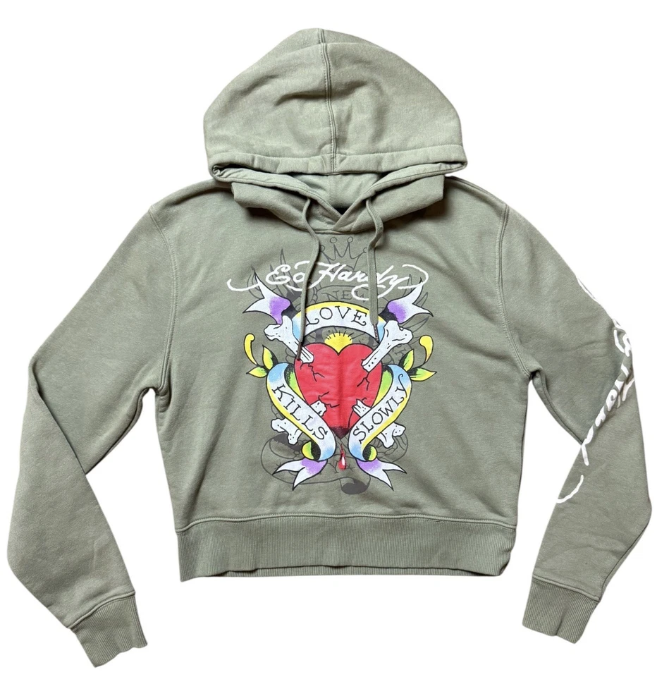 Sudadera con capucha Ed Hardy recortada Love Kills tatuaje polar Y2K mujer talla pequeña EHWR1501-5 Foto 2 de 4