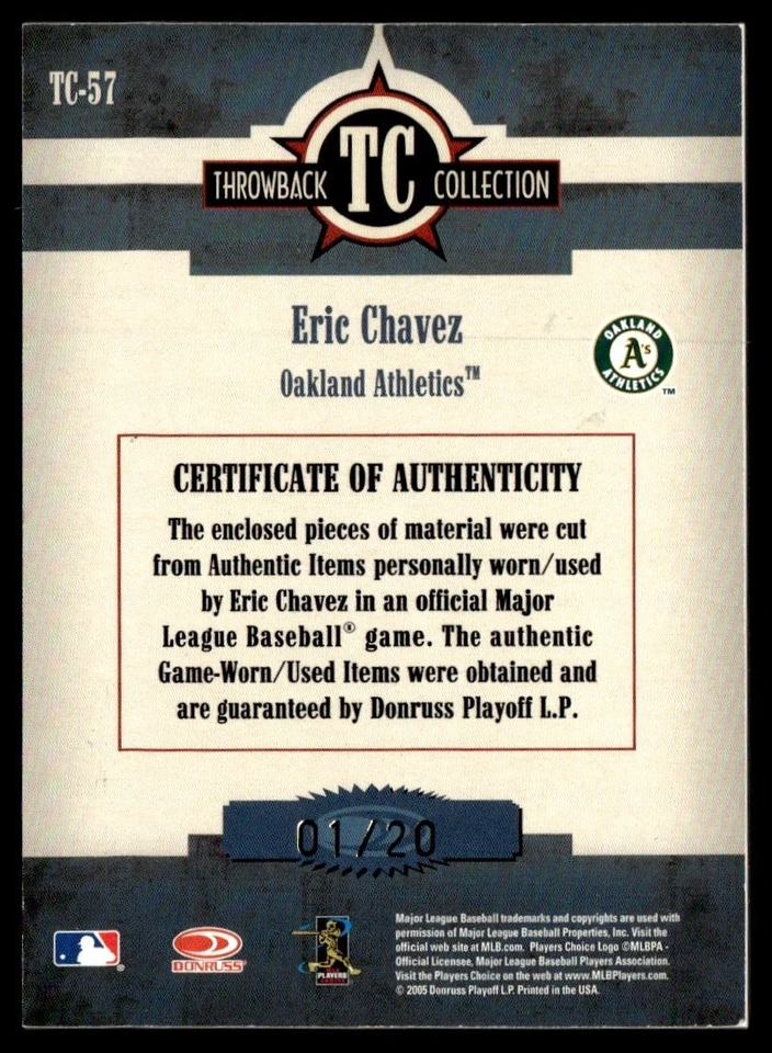 Combo de material exclusivo Donruss Throwback Threads Collection 2005 Eric Chávez Foto 2 de 2