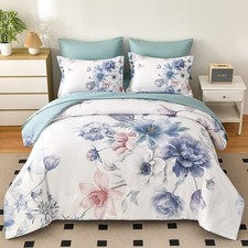 7 Piece Bed in a Bag Queen Floral Comforter Set Botanical Flower Printed on L...