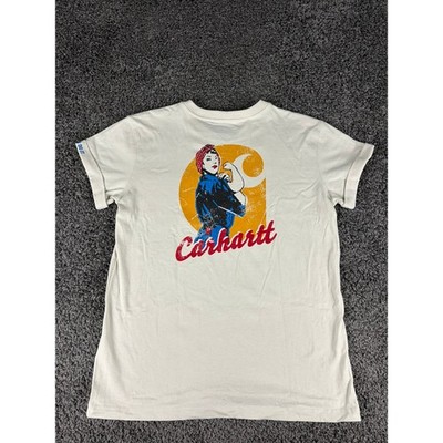 Carhartt Womens Loose Fit Graphic Pocket T-Shirt Cream Rosie Riveter Medium NEW