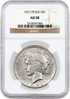 1921 High Relief $1 Silver Peace Dollar NGC AU58 About Uncirculated Key Date Coi
