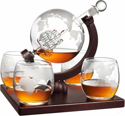 ''juego de jarra de whisky globo con 4 vasos licor de barco antiguo decoración se