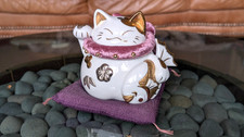 Image of Lucky Cat (Purple) Money Box with Purple Cushion Japanese Ceramic Ornament 20cm