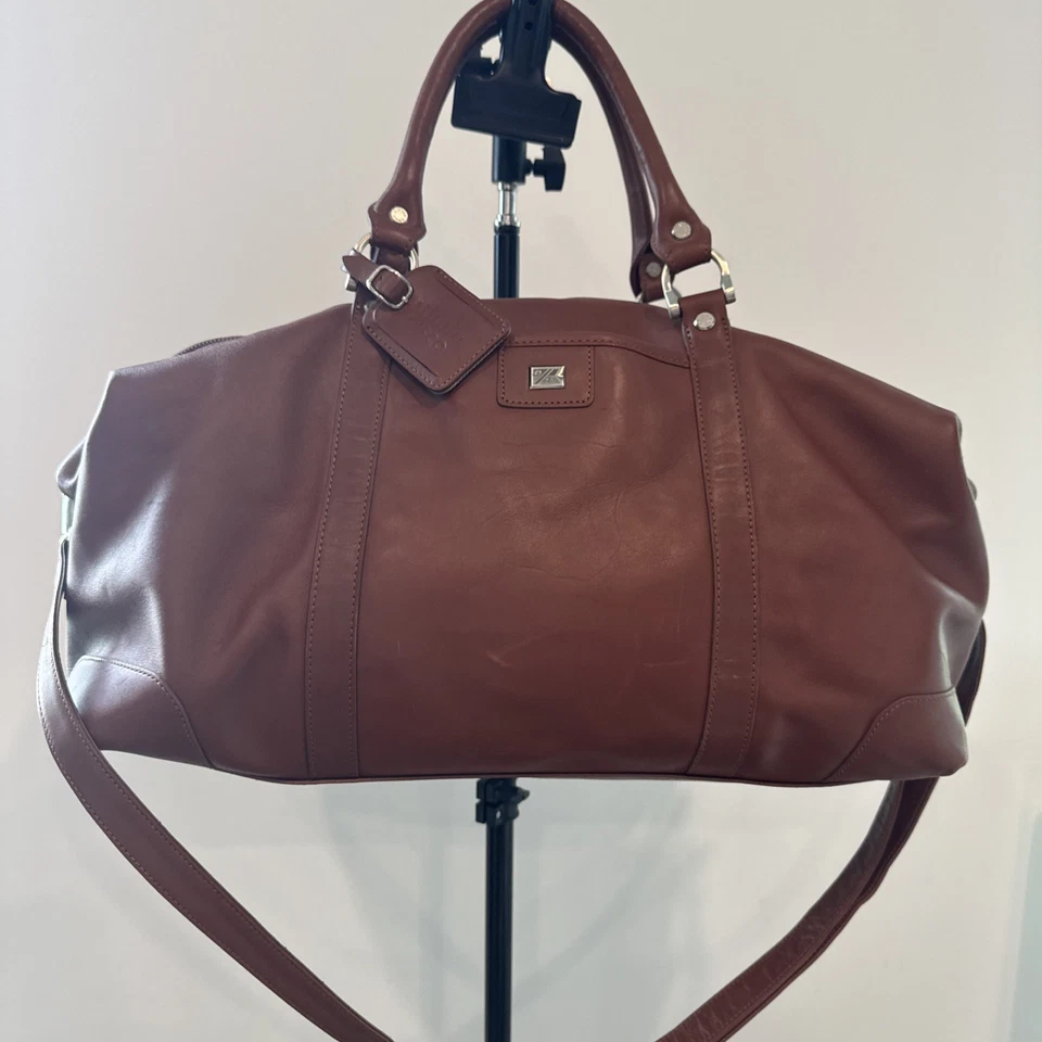 Excellent Cutter & Buck Large 19" Brown Leather Weekender Duffel Travel Bag - Image 2 of 4