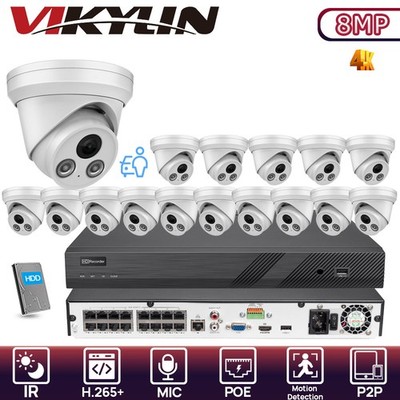 Vikylin 16POE 16CH NVR System Night Version IR MIC 8MP Security Camera Kit Lot