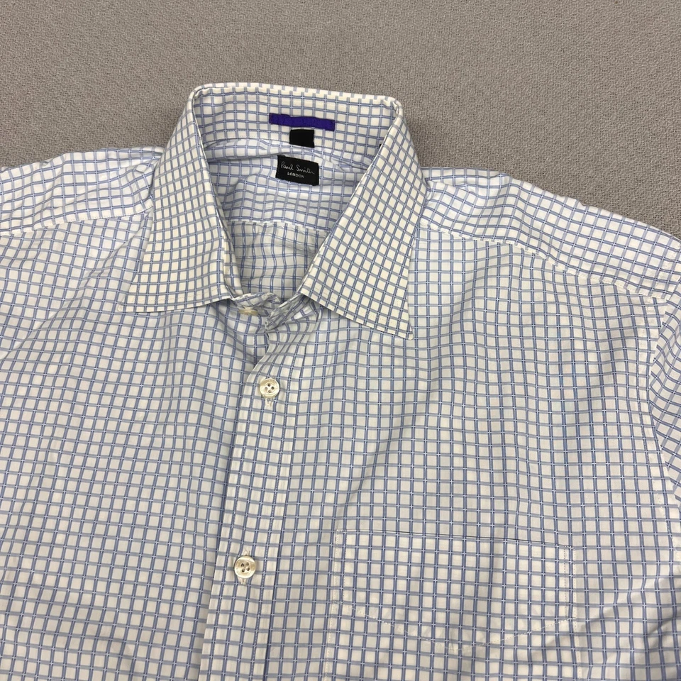 Camisa masculina Paul Smith 16/41 branca azul xadrez geométrica botão para baixo formal preppy - Imagem 3 de 4