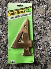 NEW - HY-KO Brand -  4" TALL HOUSE NUMBER 4 - SOLID BRASS - #