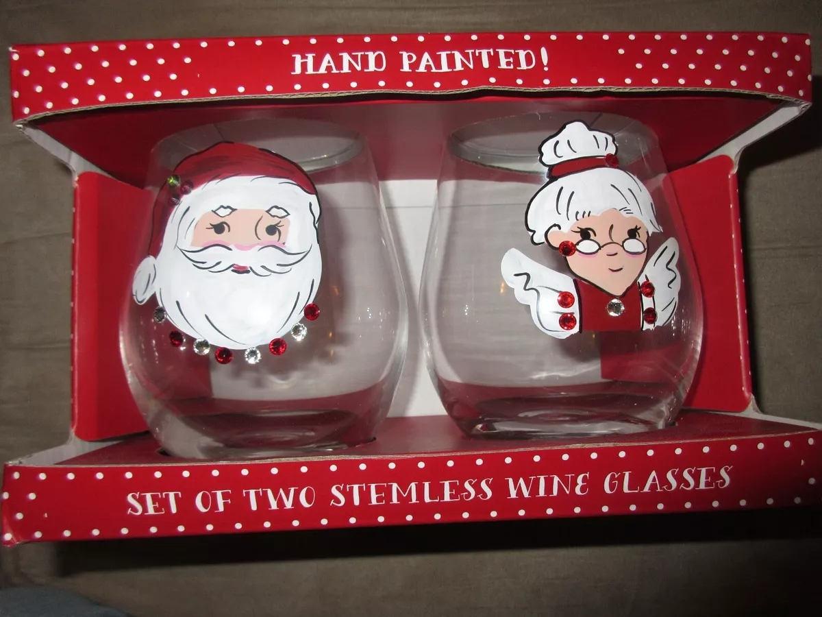 Christmas Set of 2 MR MRS SANTA CLAUS Stemless Wine Glasses eBay