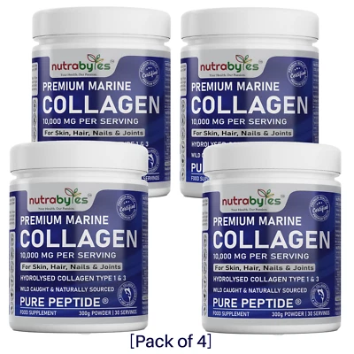 Nutrabytes Marine Collagen Powder 10,000mg Hydrolysed Peptides - 120 Days/4 Pack