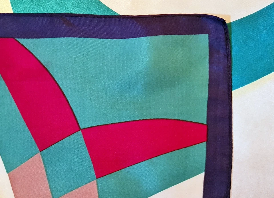 SCARF VINTAGE AUTHENTIC TONGSHI ABSTRACT MODERNISM ART BLUE BURGUNDY 35" SQUARE — 第 4/4 张图片