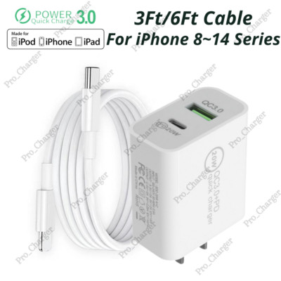 USB C PD Fast Charger Cable 20W Power Adapter Block For iPhone 14 13 12 11 Pro 8