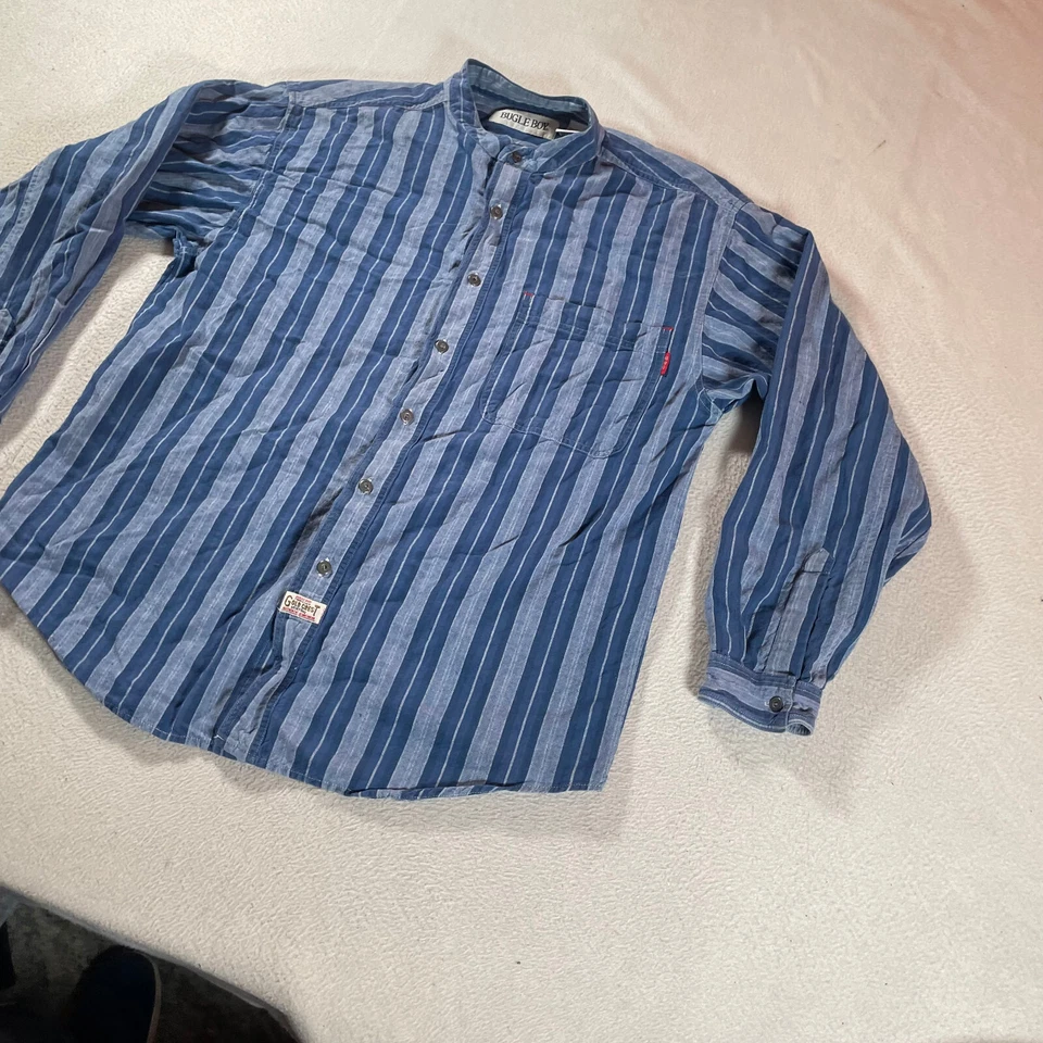 Camisa Vintage Bugle Boy Para Hombre Grande Azul Rayas Abotonada Cresta Dorada Western Foto 2 de 4