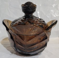 Vintage MCM Viking Glass Brown Epic Leaf Covered Candy Jar 7614