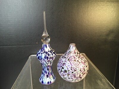 2 Vtg Signed Roger Vines Studio Art Glass Oil Lamp + Perfume Iridescent Purples
