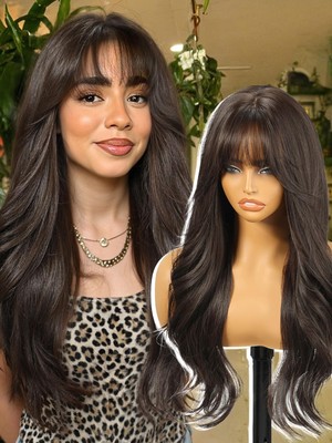 Black Brown Wigs with Bangs, Brown Long Wavy Synthetic Hair Wig