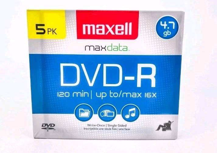 Maxell DVD-R Discs, 4.7GB, 16x, w/Jewel Cases, 5/Pack 025215625909 NEW Sealed