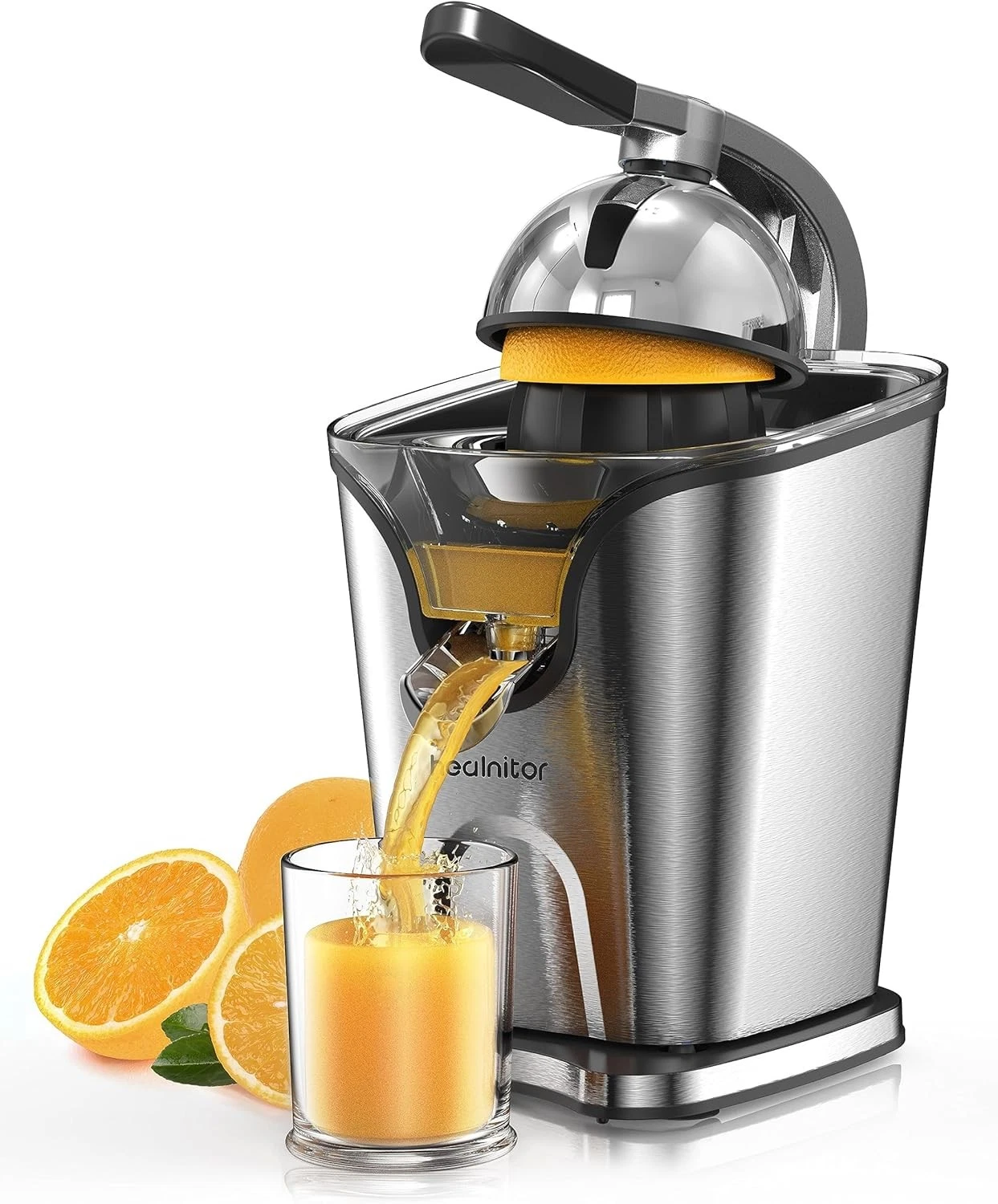 Healnitor 150W Electric Citrus Juicer Squeezer with 2 Cones, Stainless Silver