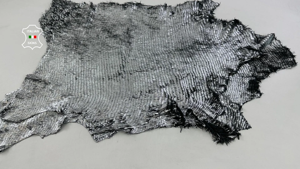 METALLIC SILVER FRINGED ON BLACK Thick Lamb leather 2 skins 12+sqf 1.0mm #C5575 - Image 2 of 4